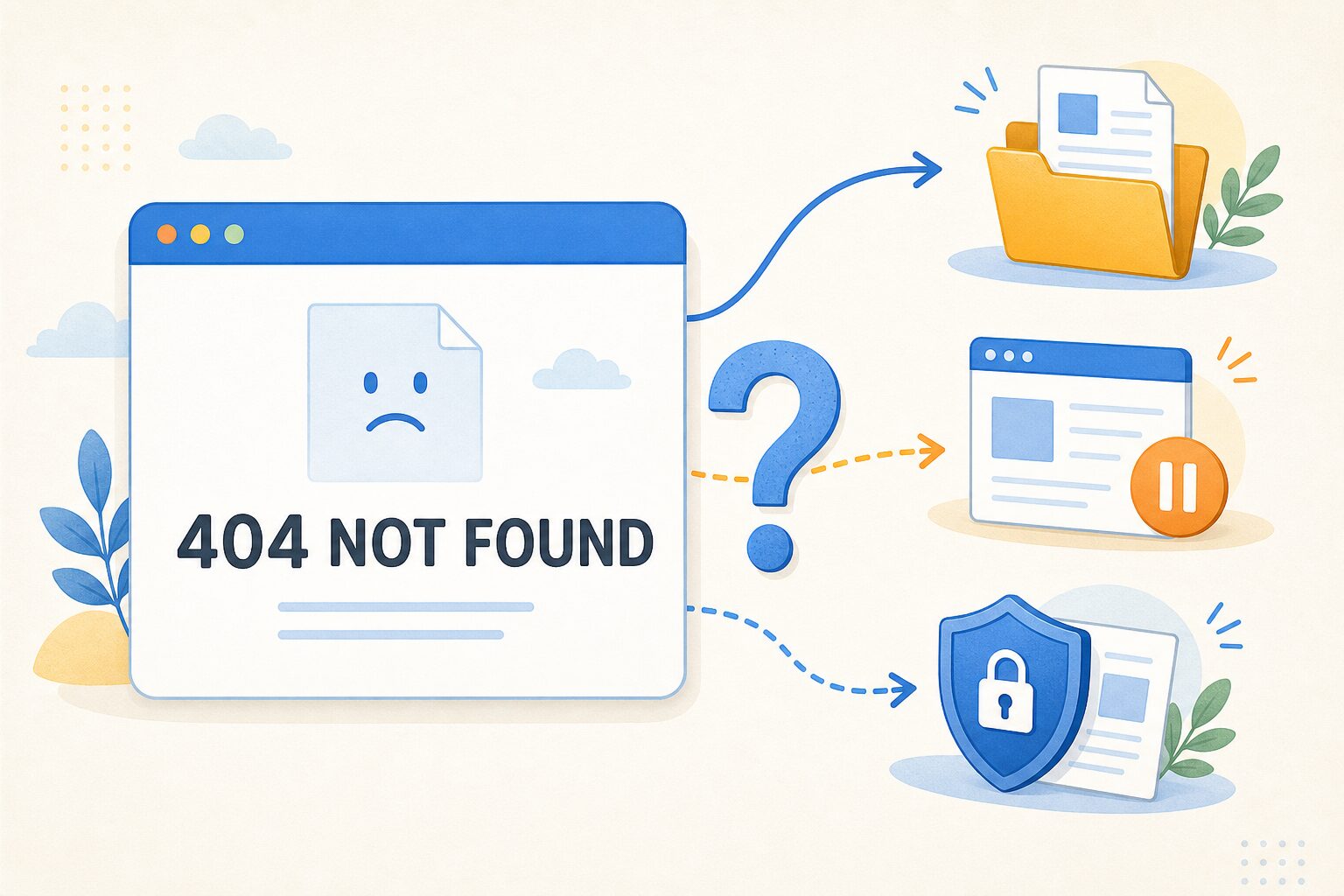 404 Not Foundの画面から、移転・一時停止・非公開の三つの可能性へ矢印が伸びる図解