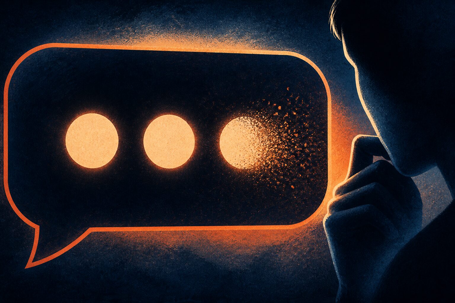 三つの光る点が最後にほどける吹き出しと考え込む人物のイラスト
