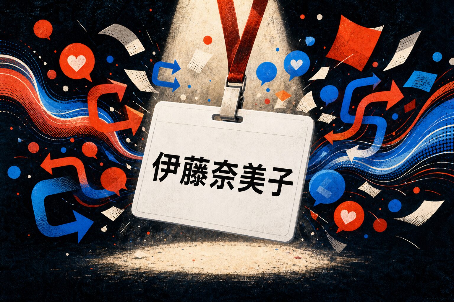 伊藤奈美子と書かれた名札を通知や共有の記号が取り巻くイラスト