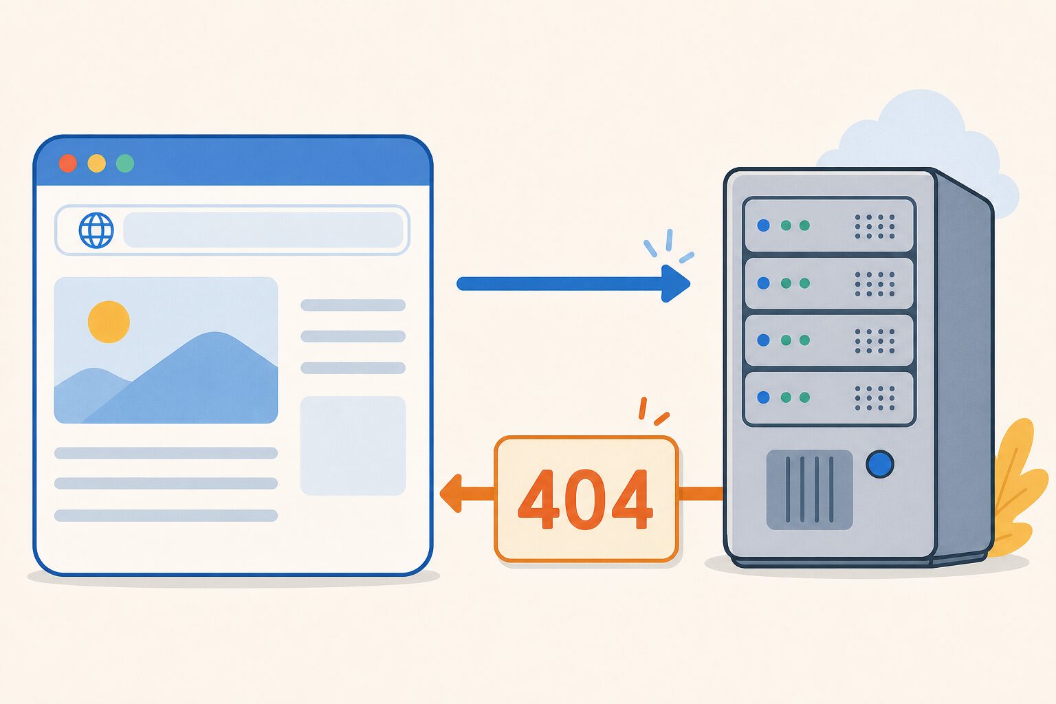 ブラウザーがサーバーへ要求を送り、サーバーが404を返す流れの図解