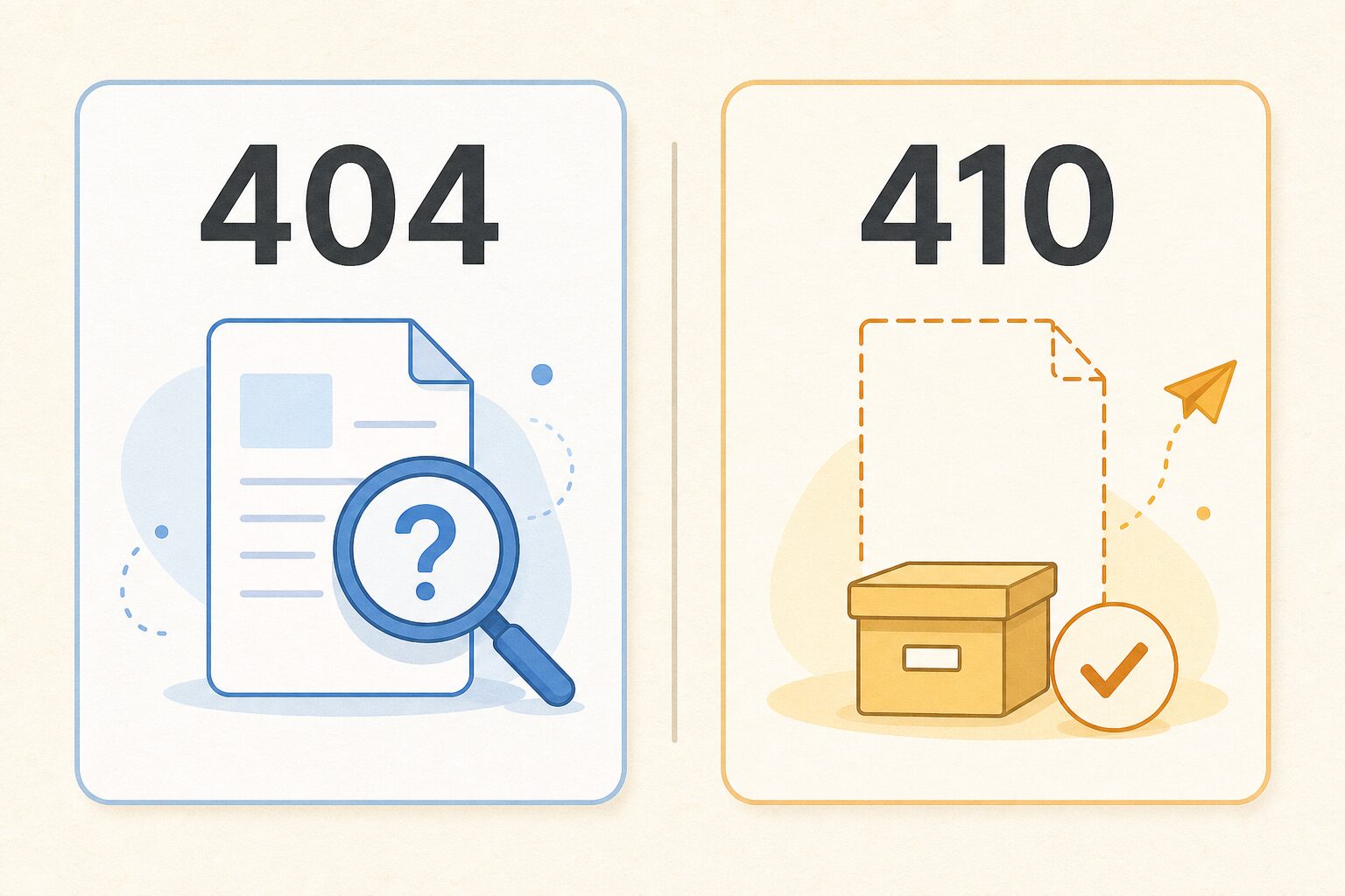 状態が確定しない404と、永久的な消失を伝える410を左右に並べた比較図