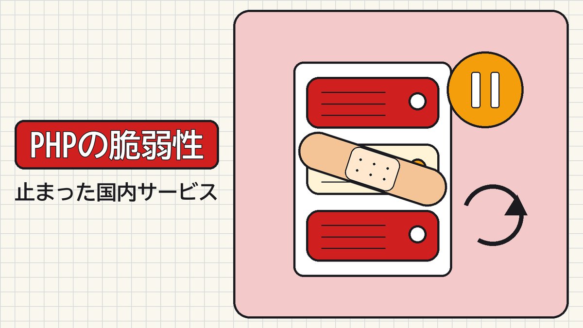方眼紙の上に、修正パッチのばんそうこうを貼ったサーバーと一時停止の札の絵と、「PHPの脆弱性」の文字。その下に「止まった国内サービス」