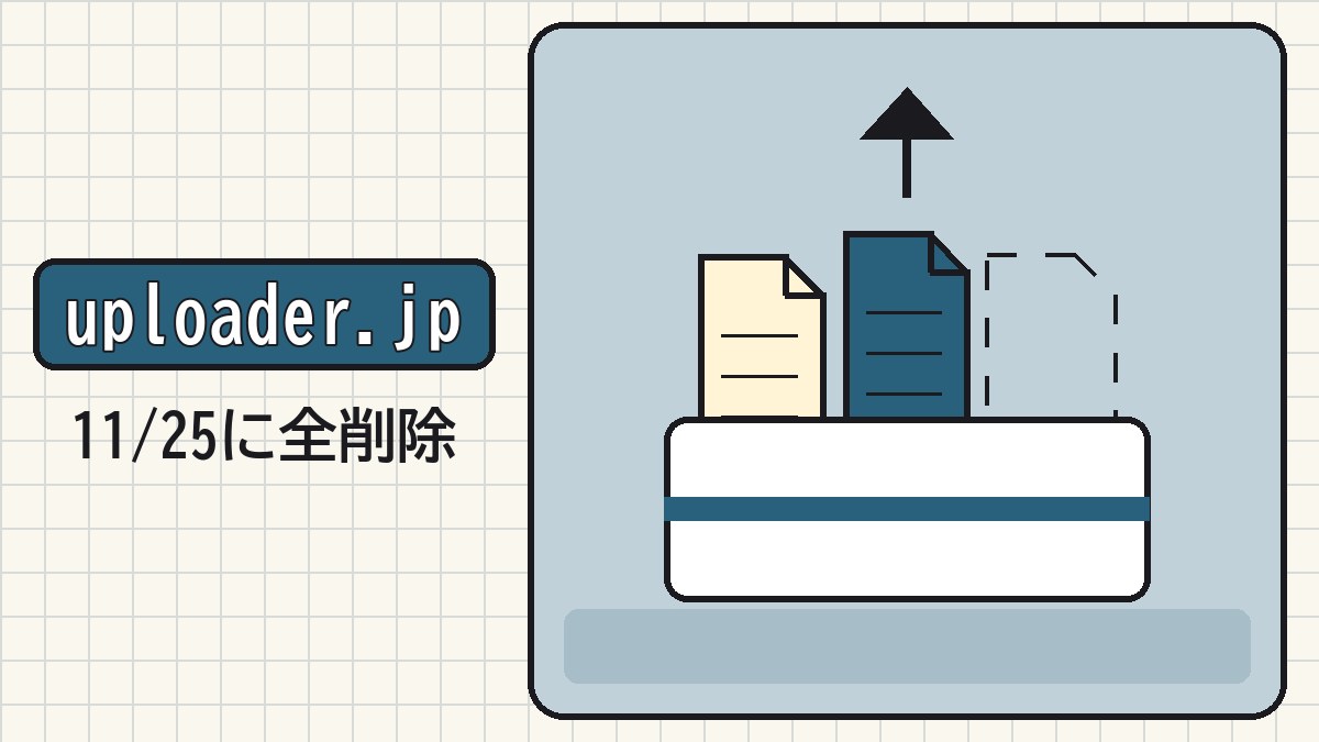 書類のファイルが並んだ置き場と上向きの矢印の図。右端のファイルは点線で描かれている。「uploader.jp」「11/25に全削除」の文字